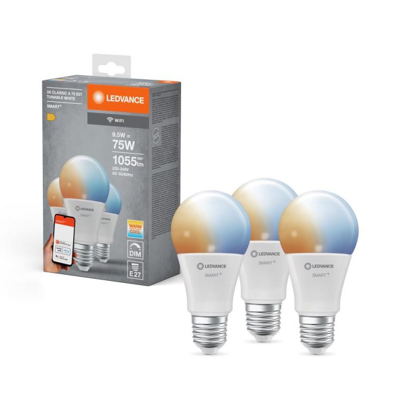 3er Pack LEDVANCE E27 SMART+ WiFi LED Lampe dimmbar 9,5W wie 75W 2700-6500K Tunable White, EEK: E (Spektrum: A bis G)