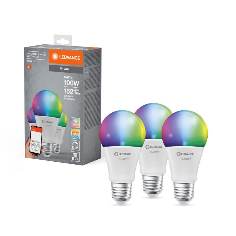 3er Pack LEDVANCE SMART WIFI A100 14W 230V RGBW FR E27 TRIPLE PACK, EEK: F (Spektrum: A bis G)