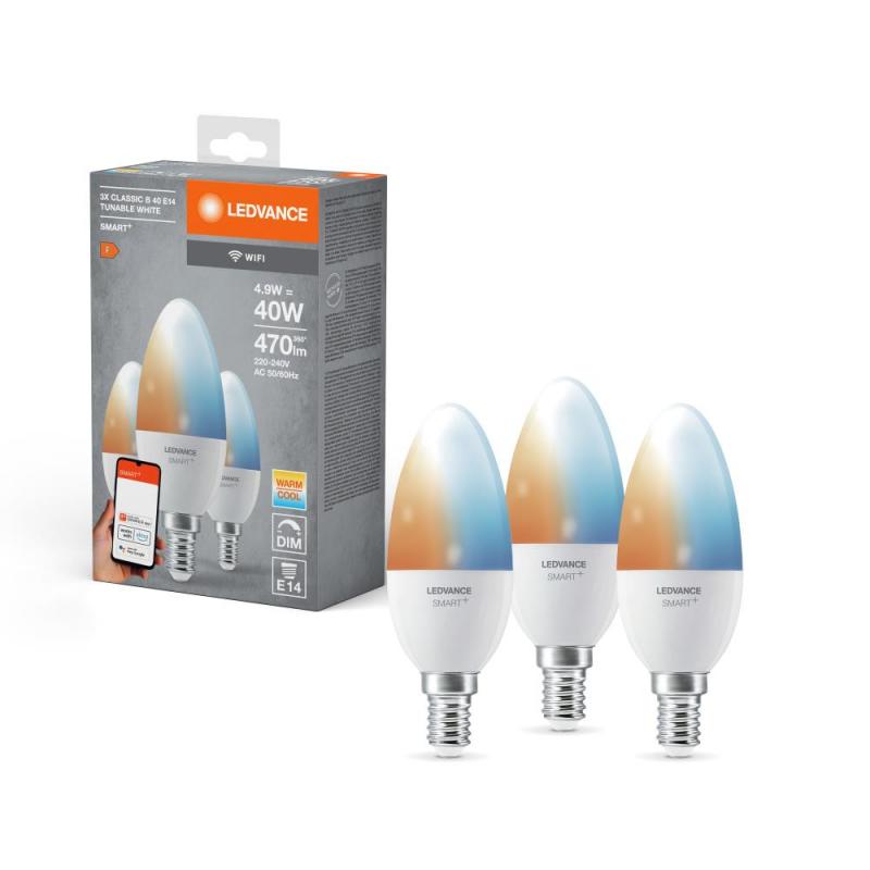 3er Pack LEDVANCE SMART+ Classic E14 Leuchtmittel dimmbar 4,9W wie 40W Tunable White, EEK: F (Spektrum: A bis G)