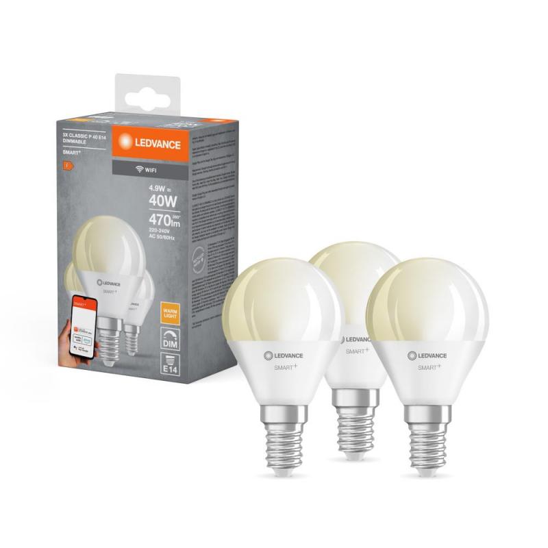3er Pack LEDVANCE E14 SMART+ WiFi LED Tropfen Lampen dimmbar 4,9W wie 40W 2700K warmweiß - Amazon Alexa, Google Assistant, EEK: F (Spektrum: A bis G)