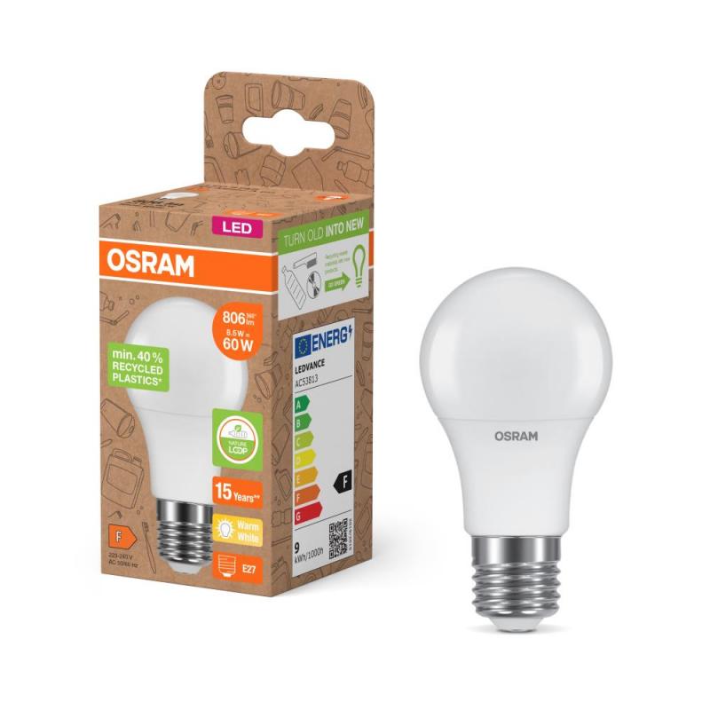 Osram E27 LED Lampe Star Classic A 100 Recycled Plastic 14W wie 100W warmweißes Licht - weiß mattierte Glühbirne, EEK: F (Spektrum: A bis G)