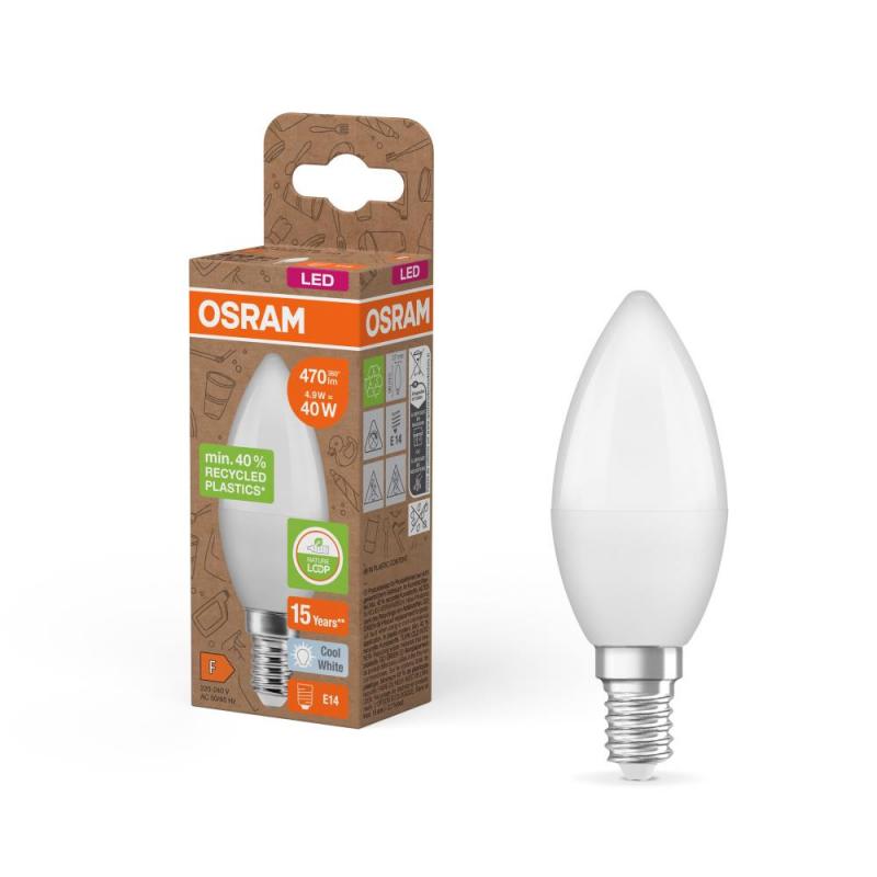 OSRAM E14 LED Kerzenlampe Recycled Plastic matt 4,9W wie 40W neutralweißes Licht, EEK: F (Spektrum: A bis G)