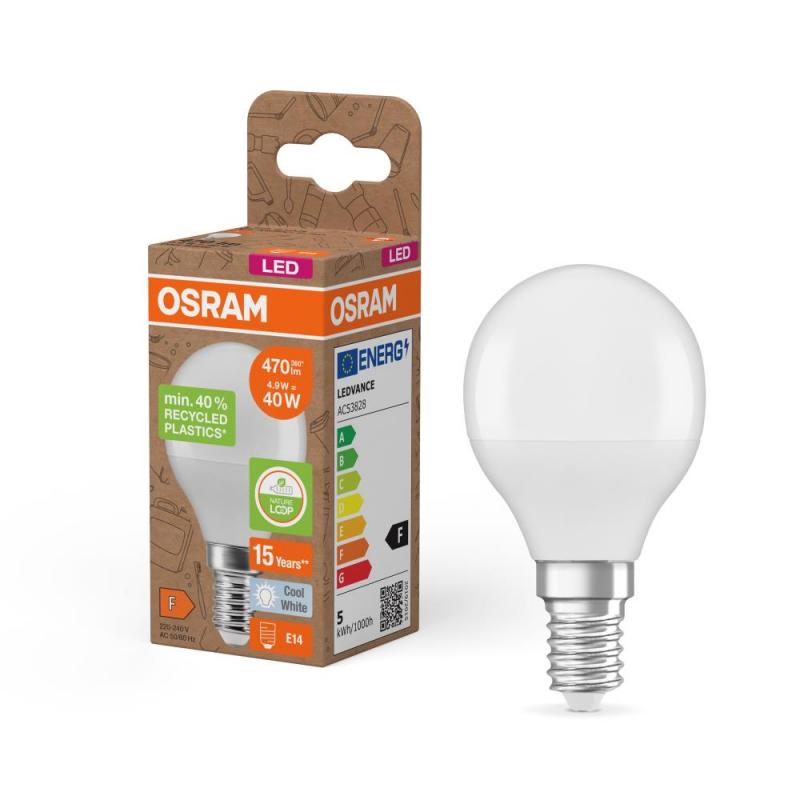 OSRAM E14 LED Tropfenlampe Recycled Plastic matt 4,9W wie 40W neutralweißes Licht, EEK: F (Spektrum: A bis G)