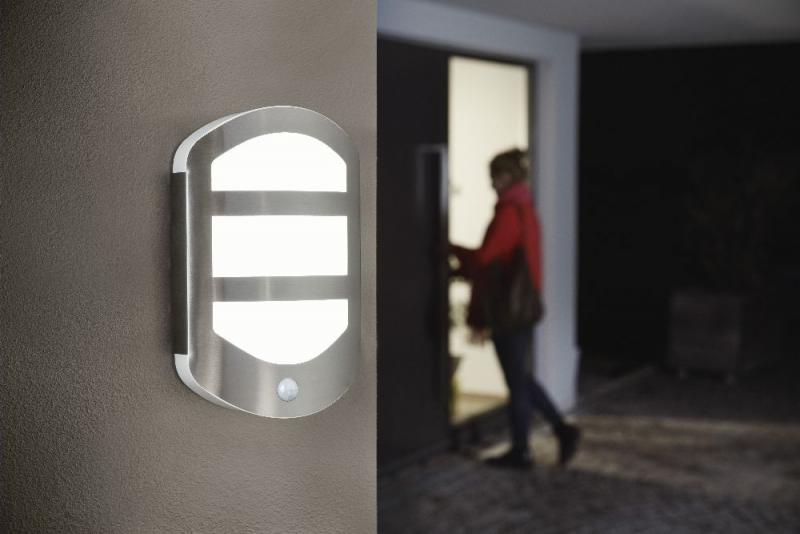 OSRAM  ENDURA Style Plate WALL Sensor Wandleuchte 12,5W Warmweiß in moderner Edelstahloptik mit Sensor und indirektem Licht, für Eingangsbeleuchtung und Fassaden