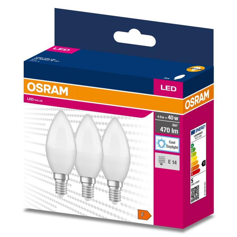 3er Pack OSRAM E14 LED Lampen VALUE CLAS B 40 in Kerzenform matt 4,9W wie 40W kaltweißes Licht 6500K