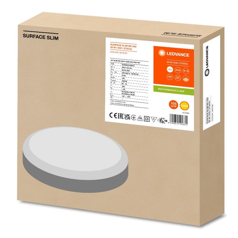 LEDVANCE SURFACE SLIM Wand-/Deckenleuchte IK10 rund 260 26W 830 weiss IP65
