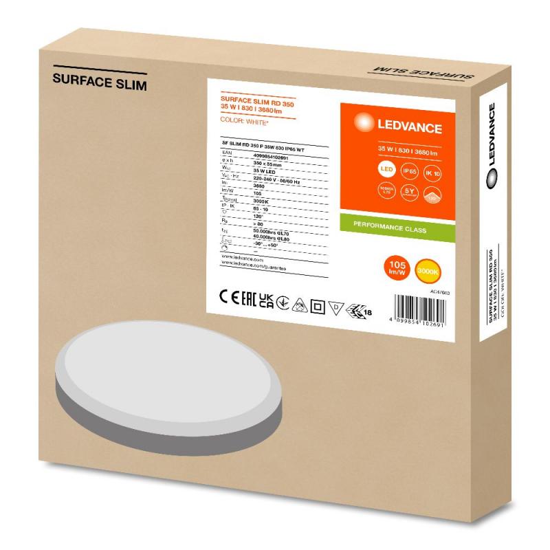 LEDVANCE SURFACE SLIM Wand-/Deckenleuchte IK10 rund 350 35W 830 weiss IP65