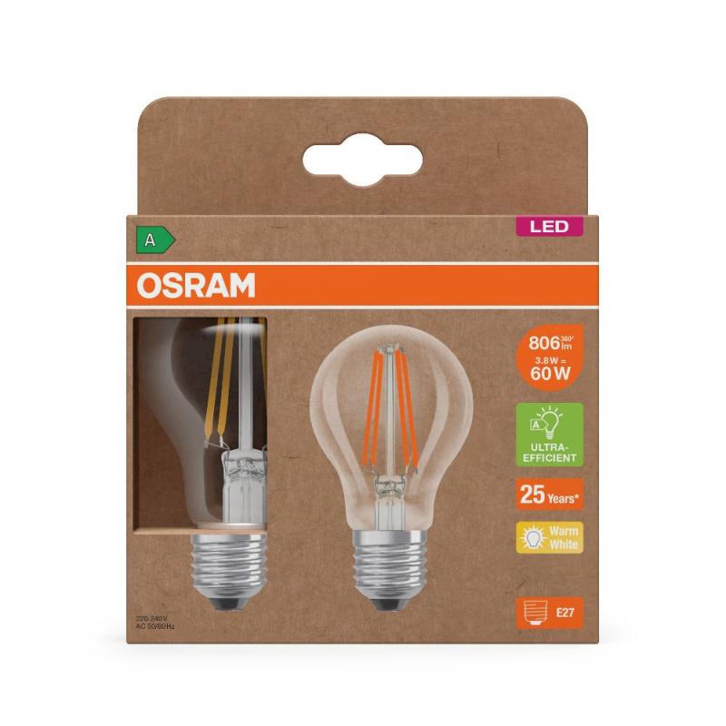 2er OSRAM E27 LED Leuchtmittel besonders effizient 3,8W wie 60W 2700K warmweißes Licht - beste Energie Effizienz Klasse