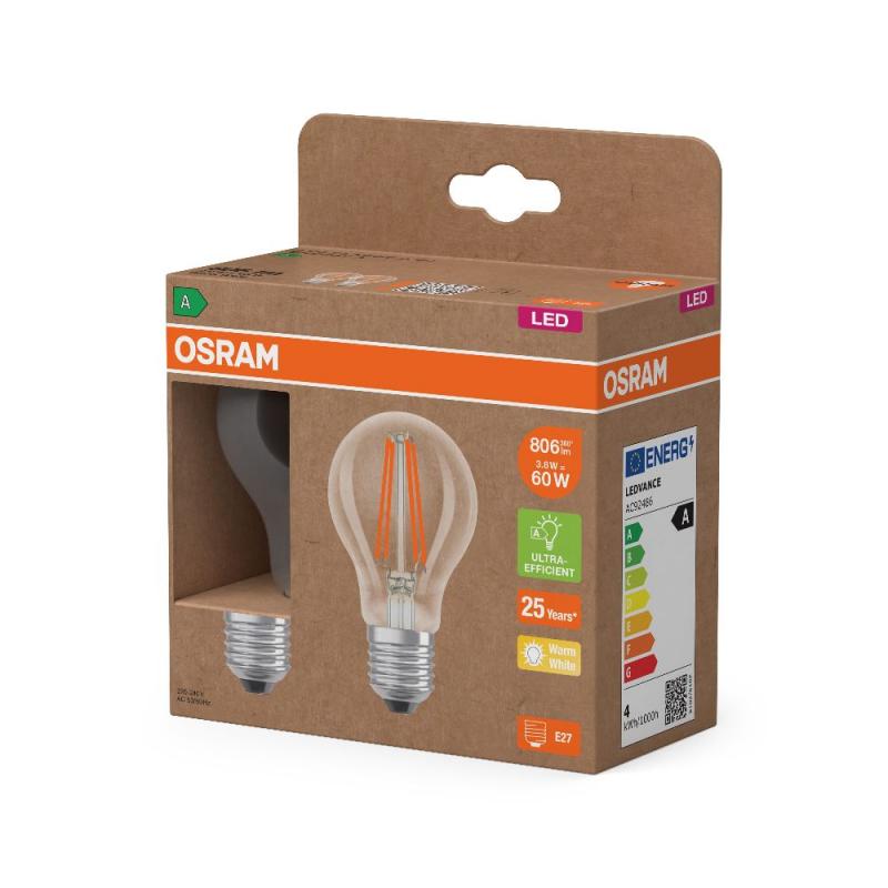 2er OSRAM E27 LED Leuchtmittel besonders effizient 3,8W wie 60W 2700K warmweißes Licht - beste Energie Effizienz Klasse