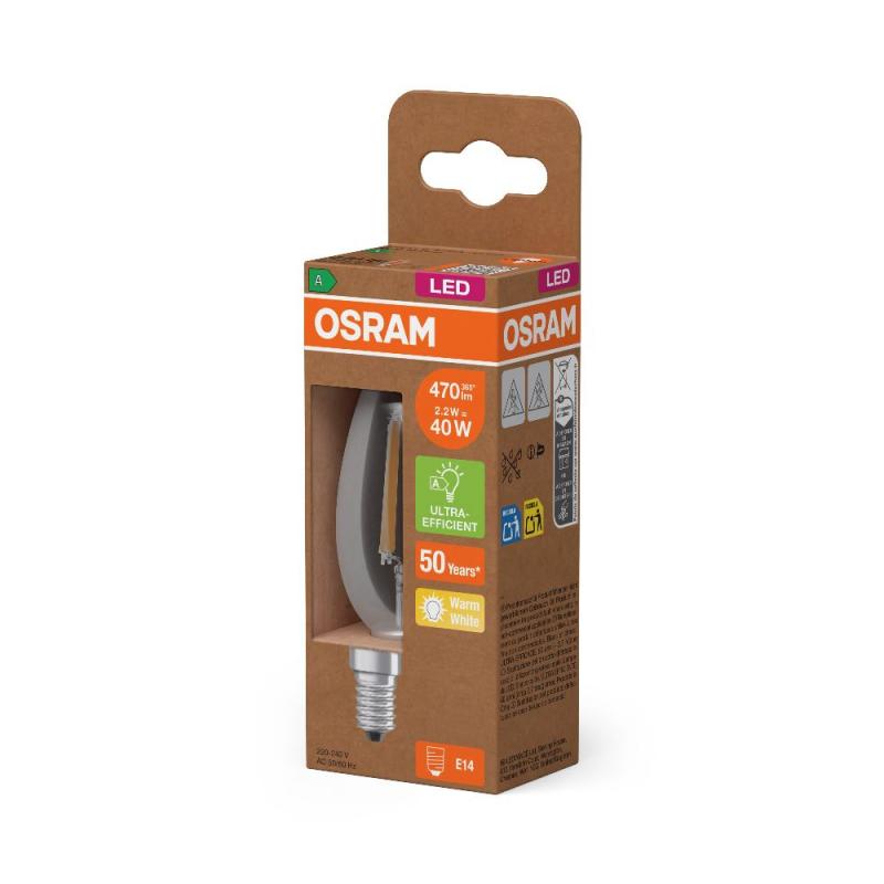 Osram E14 LED Kerzenlampe CLASSIC besonders effizient klar 2,2W wie 40W 2700K warmweißes Licht - Sehr gute Energieeffizienz