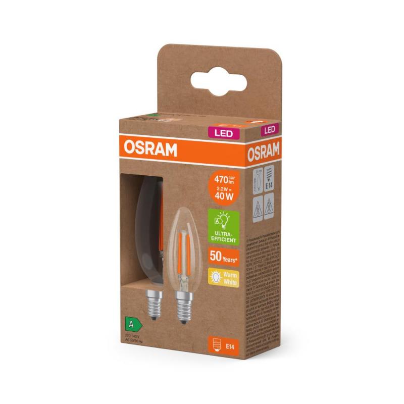 2er Set Osram E14 LED Kerzenlampe CLASSIC besonders effizient klar 2,2W wie 40W 2700K warmweißes Licht - Sehr gute Energieeffizienz
