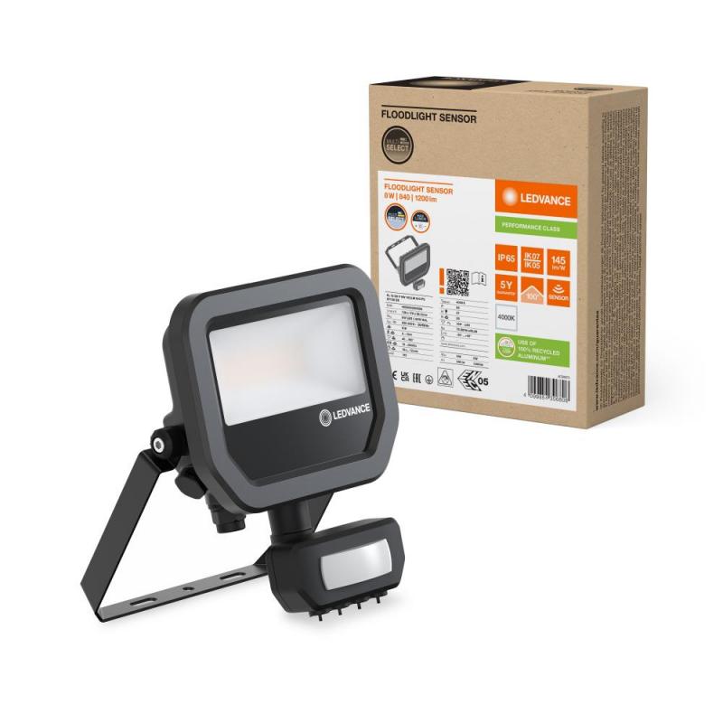 LEDVANCE Muliti Select schwarzer LED Fluter FL10 SN mit Sensor 8 W / 6 W 4000K neutralweißes Licht - wählbare Wattageneinstellung (Multi Lumen)