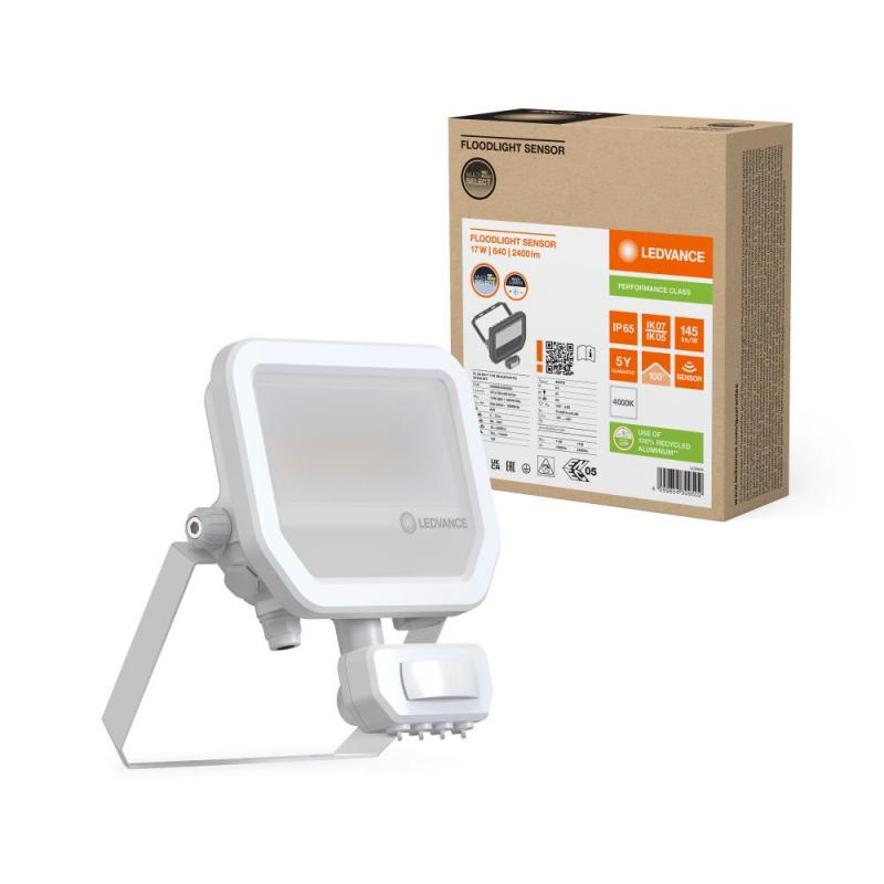 LEDVANCE Muliti Select weißer LED Fluter FL20 SN mit Sensor 17 W / 11 W 4000K neutralweißes Licht - wählbare Wattageneinstellung (Multi Lumen)