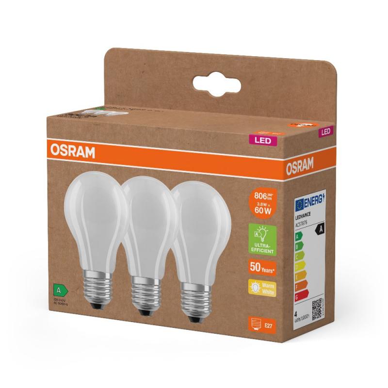 3er Set OSRAM E27 LED Lampe Classic matt 3,8W wie 60W warmweißes Licht 2700K - Energy efficiency class A - besonders effizient