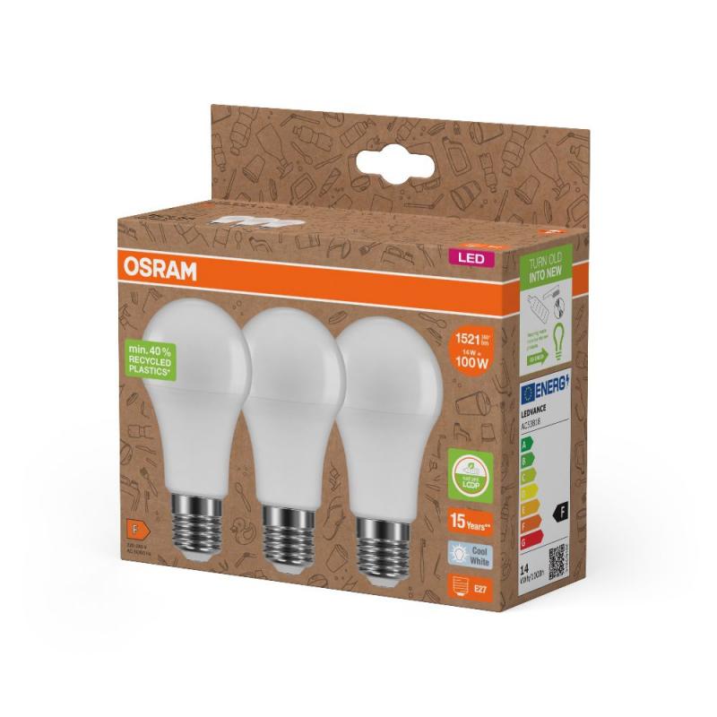 3er Pack OSRAM E27 LED Star Classic A 100 Recycled Plastic 14W wie 100W NEUTRALWEIßES Licht 4000k