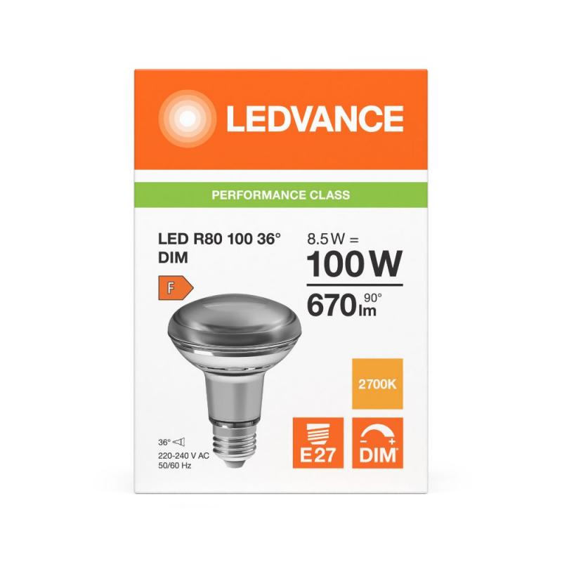 Ledvance E27 R80 Reflektorlampe 36° 8,5W wie 100W dimmbarer Strahler mit warmweißem Licht 2700K