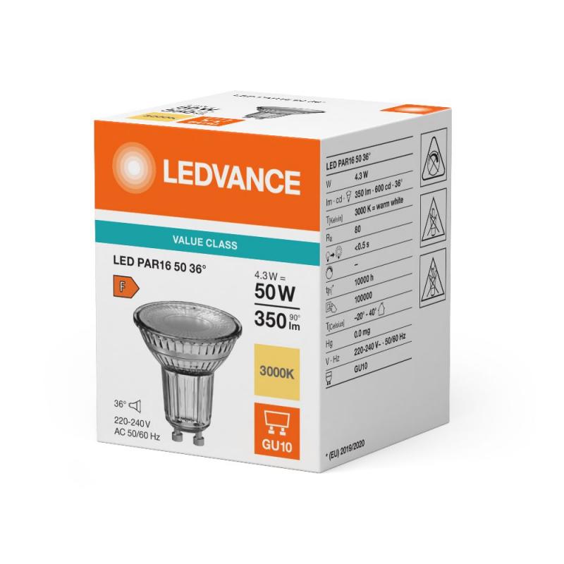OSRAM LED VALUE PAR 16 50 GU10 LED Strahler 4,3W=50W 36° 2700K aus Glas warmweißes Licht für Akzentbeleuchtung