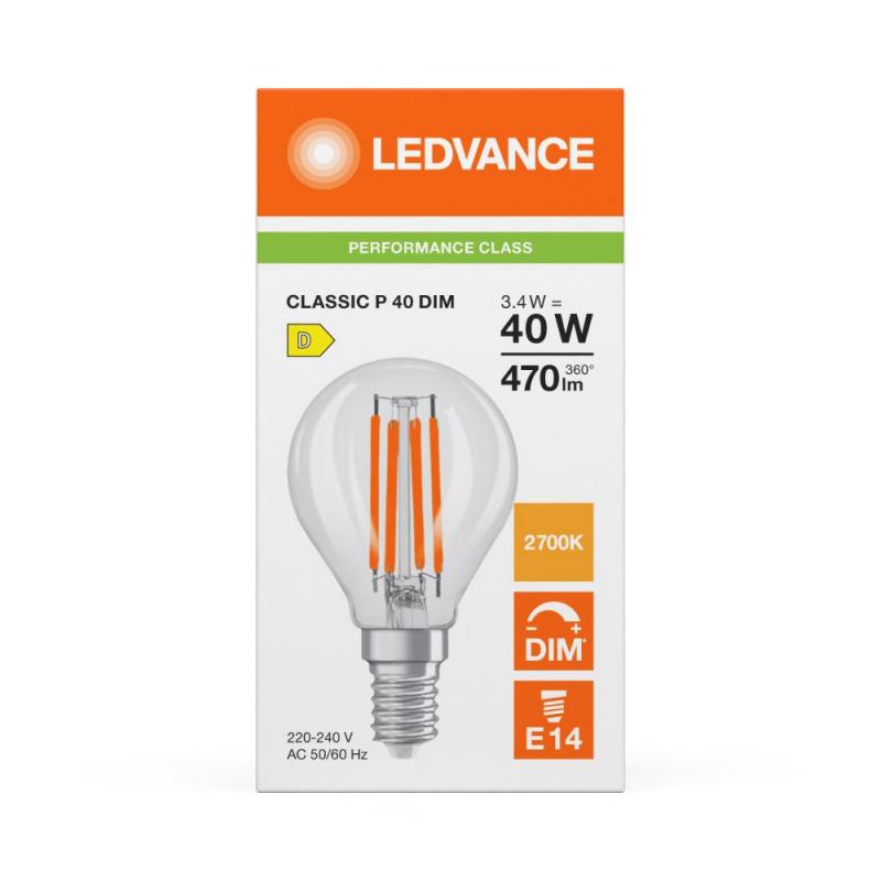 Ledvance E14 LED Tropfenlampe Classic P 40 Filament klar dimmbar 3,4W wie 40W 2700K warmweißes Licht