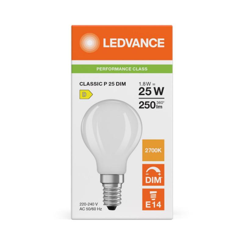 Ledvance E14 LED Tropfenlampe Classic matt dimmbar 1,8W wie 25W 2700K warmweißes Licht