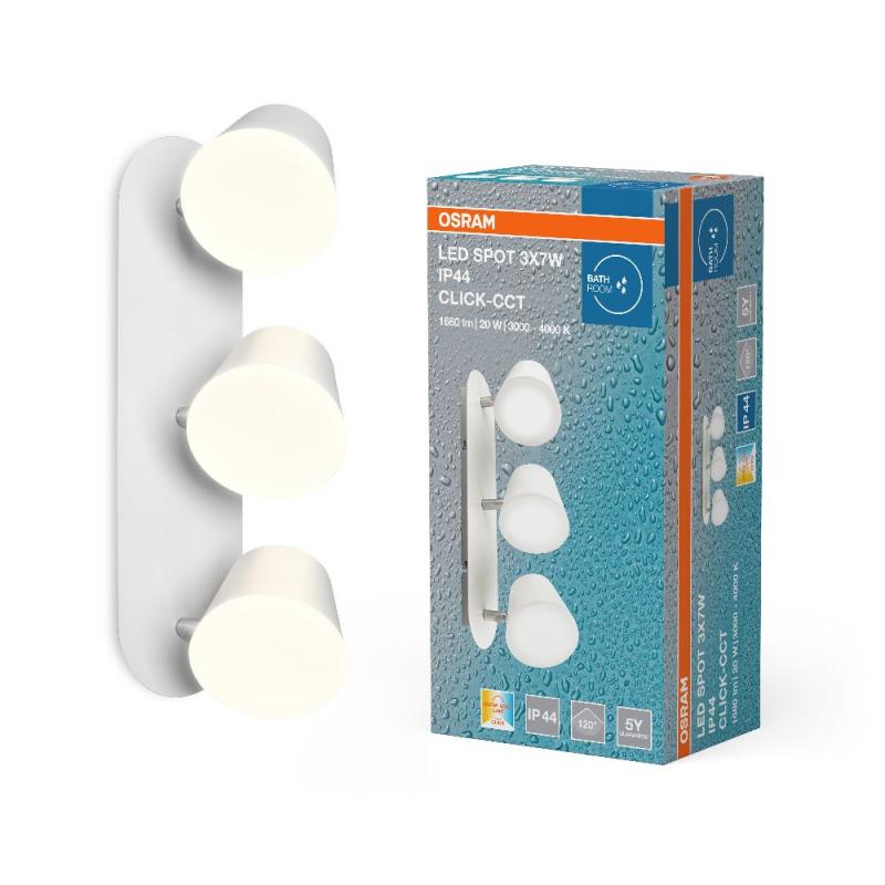 OSRAM LED 3er SPOT IP44 CLICK 3X7W 3000/4000 K veränderbare Farbtemperatur über Wandschalter einstellbar - Badezimmer Leuchte