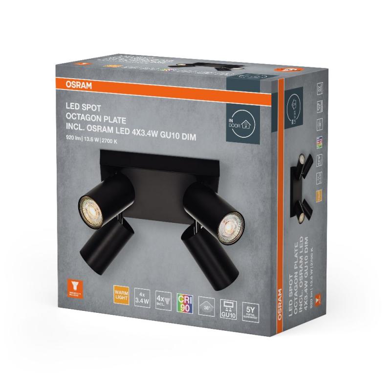OSRAM LED Spot Octagon 4er Deckenstrahler dimmbar Schwarz - Leuchte mit flexiblen, dimmbaren GU10-Strahlern