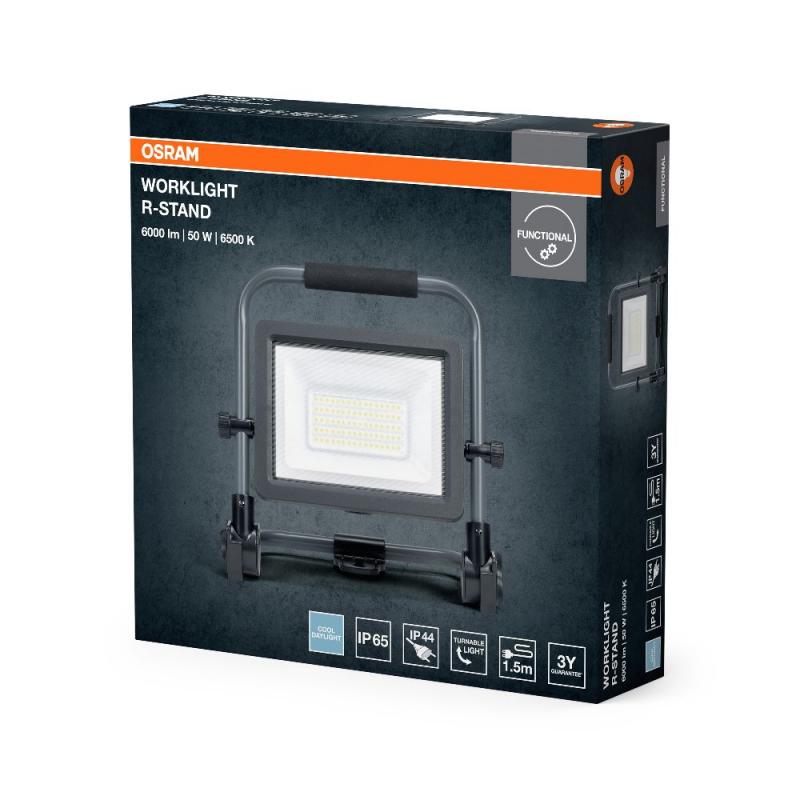 OSRAM LED WORKLIGHT VALUE R-STAND 50W 865 IP65  - kaltweiße Lichtfarbe, batteriebetrieben, USB-Ladefunktion dank integrierter Power Bank, tragbar, IP54