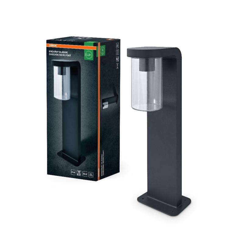 Osram Wegeleuchte CASCADE 50cm hoch flacher Aluminium Standfuß Anthrazit klarer Glaszylinder
