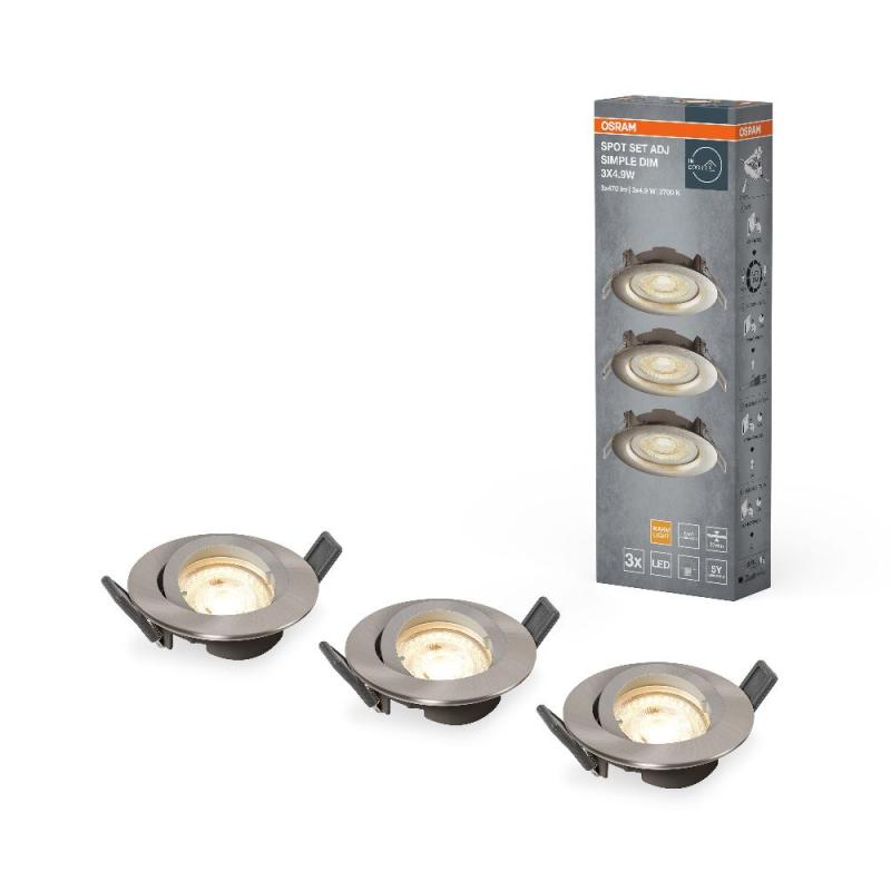 3er-Pack OSRAM LED Einbauleuchten Nickel gebürtet 2700k warmweißes Licht - dimmbar über Wandschalter,  mit integriertem LED-Modul und Treiber, IP20-Schutz, für Innenraumanwendungen
