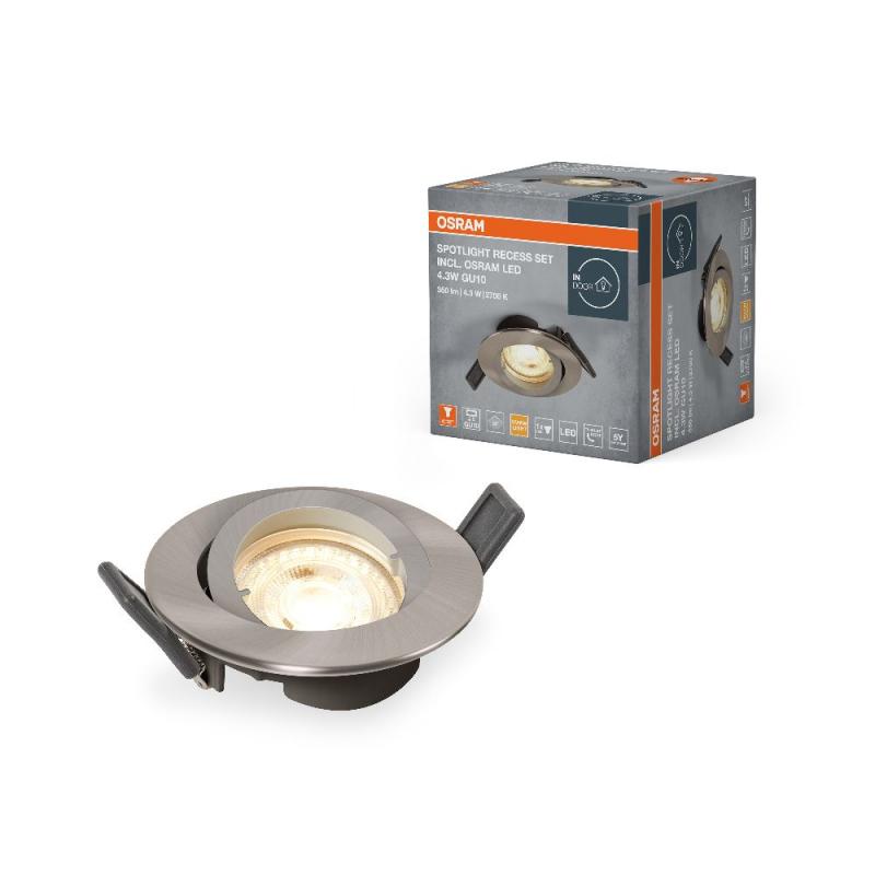 OSRAM Spotlight Recess Set Incl. Osram LED 4.3W GU10 Brushed Nickel aus Aluminium gebürstet mit warmweißem Licht in Nickeloptik