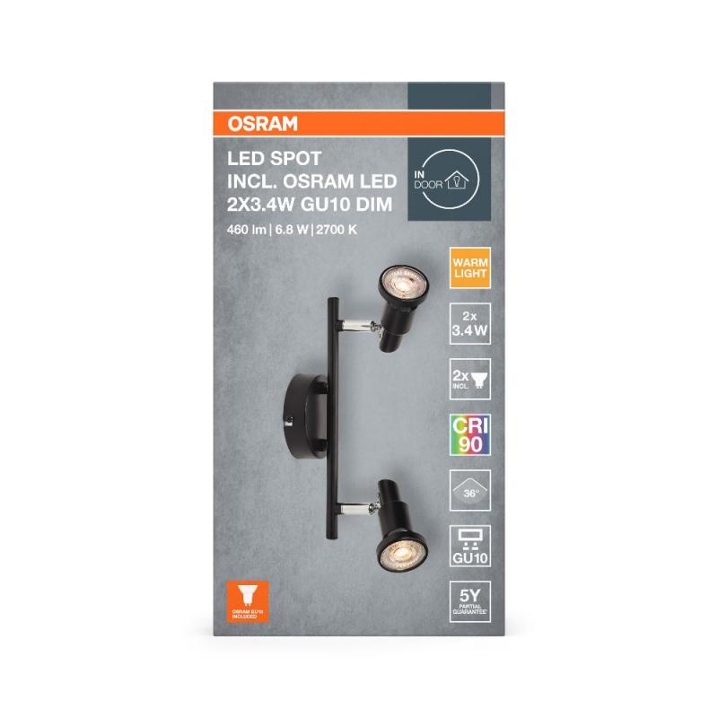 OSRAM LED SPOT GU10 2er Wand- und Decken Strahler dimmbar Schwarz 2700K warmweiße Lichtfarbe - hohe farbwiedergabe