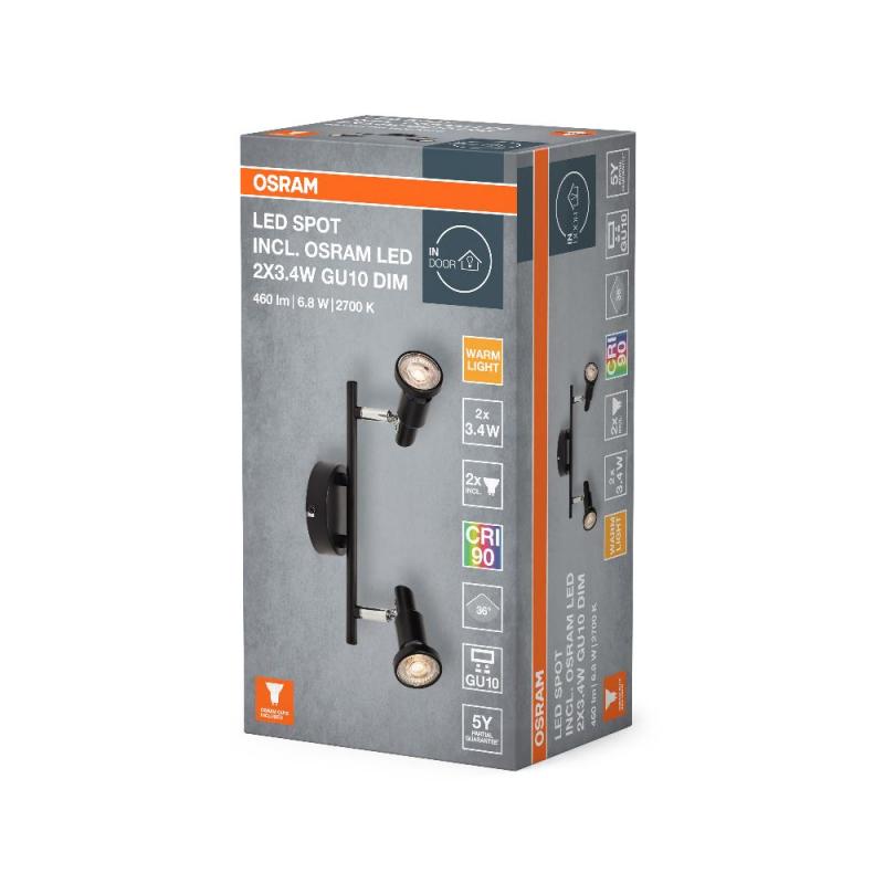 OSRAM LED SPOT GU10 2er Wand- und Decken Strahler dimmbar Schwarz 2700K warmweiße Lichtfarbe - hohe farbwiedergabe