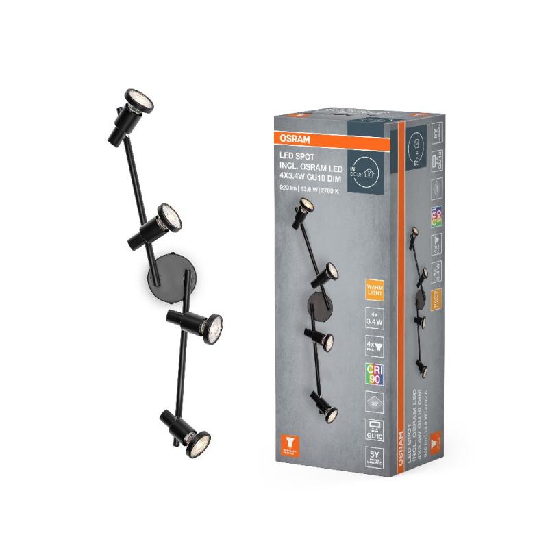 OSRAM LED SPOT GU10 4er Deckenstrahler dimmbar Schwarz 2700K warmweiße Lichtfarbe - hohe farbwiedergabe