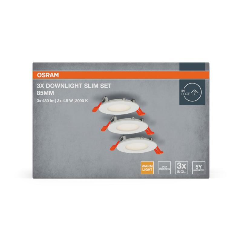 3er Set OSRAM Downlight ultra slim ø8cm LED-Einbauleuchte 4.5W Warmweißes Licht Weiß - mit integriertem Treiber, schmal, IP20, für diverse Innenraumanwendungen, inkl. Montagezubehör