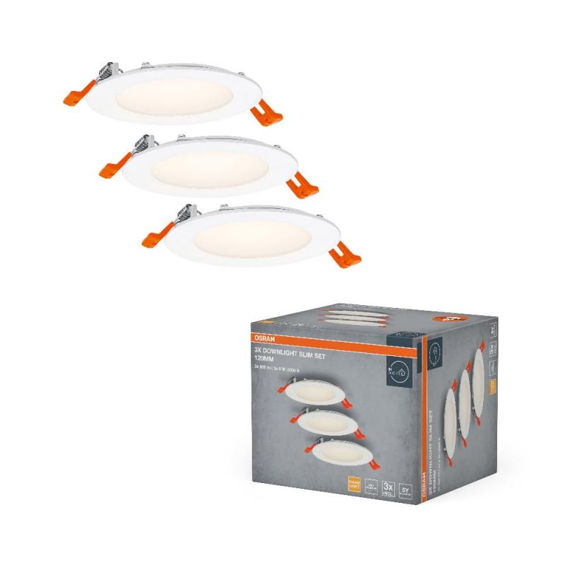 3er Set OSRAM Downlight ultra slim ø12cm LED-Einbauleuchte 8W Warmweißes Licht Weiß - mit integriertem Treiber IP20 - für diverse Innenraumanwendungen, inkl. Montagezubehör