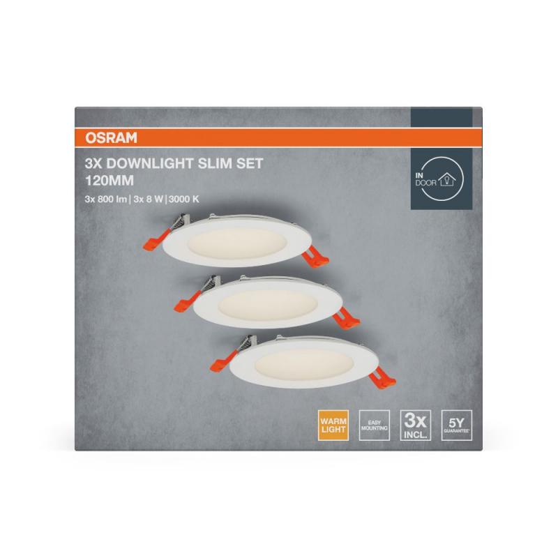 3er Set OSRAM Downlight ultra slim ø12cm LED-Einbauleuchte 8W Warmweißes Licht Weiß - mit integriertem Treiber IP20 - für diverse Innenraumanwendungen, inkl. Montagezubehör