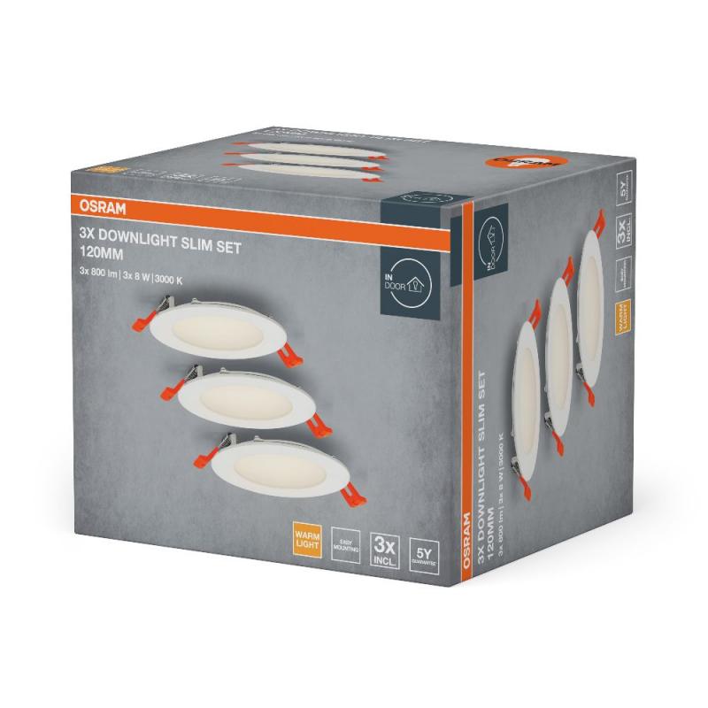 3er Set OSRAM Downlight ultra slim ø12cm LED-Einbauleuchte 8W Warmweißes Licht Weiß - mit integriertem Treiber IP20 - für diverse Innenraumanwendungen, inkl. Montagezubehör