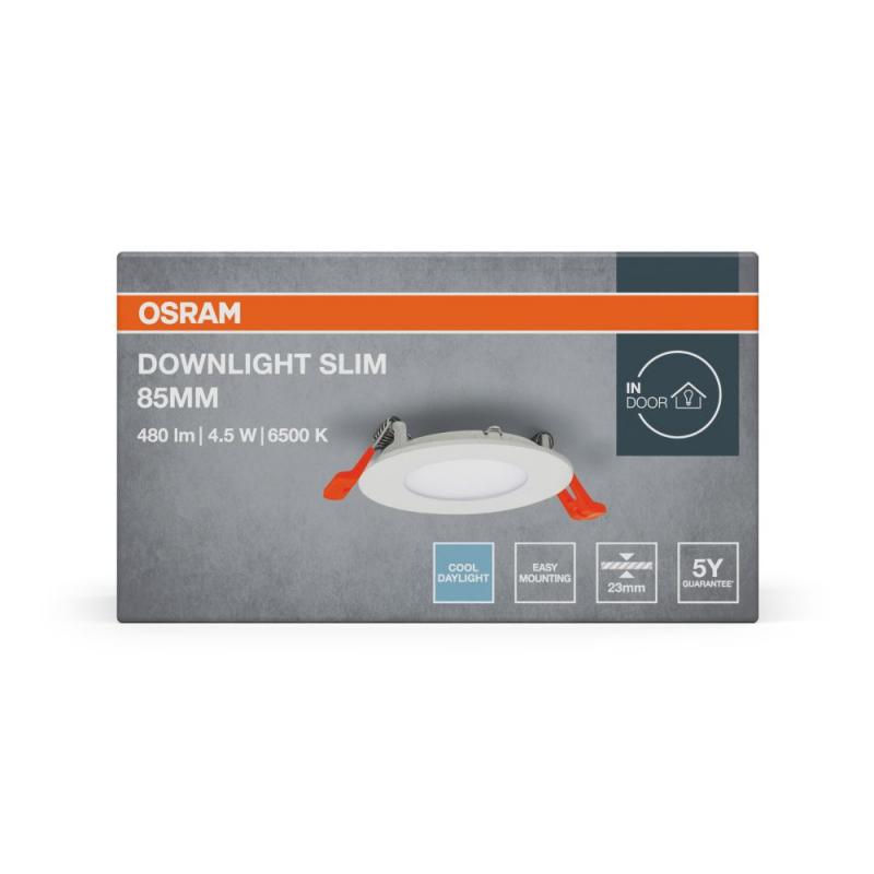 OSRAM LED Downlight ultra slim ø8cm weiß 6500K Tageslicht - flaches Design, IP20, einfache Montage für Wohnräume und Küchen