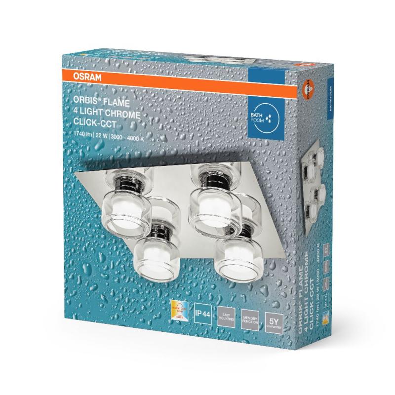 OSRAM Orbis Flame 5.5W Click CCT IP44 Deckenlampe 4-flg, in chrom - auch fürs Badezimmer - mit umschaltbarer Farbtemperatur