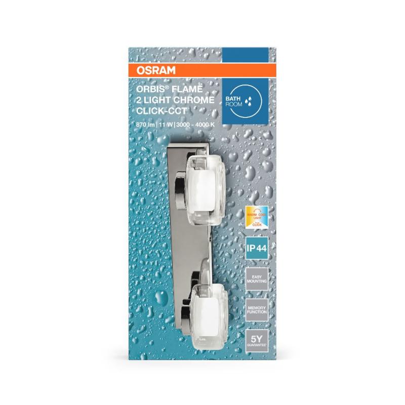 OSRAM ORBIS Flame Wandleuchte 2 × 5,5 W, 700 lm, Click-CCT 3000/4000 K, Chrom, IP44