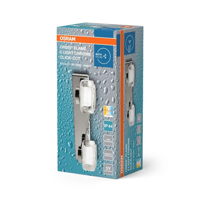 OSRAM ORBIS Flame Wandleuchte 2 × 5,5 W, 700 lm, Click-CCT 3000/4000 K, Chrom, IP44