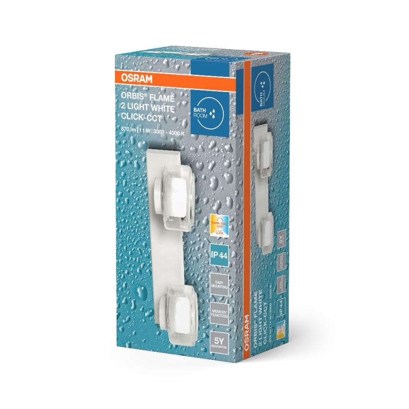 OSRAM Orbis Flame 5.5W Click CCT IP44 Wandlampe & Spiegelleuchte 2-flg in weiß - auch fürs Badezimmer - mit umschaltbarer Farbtemperatur