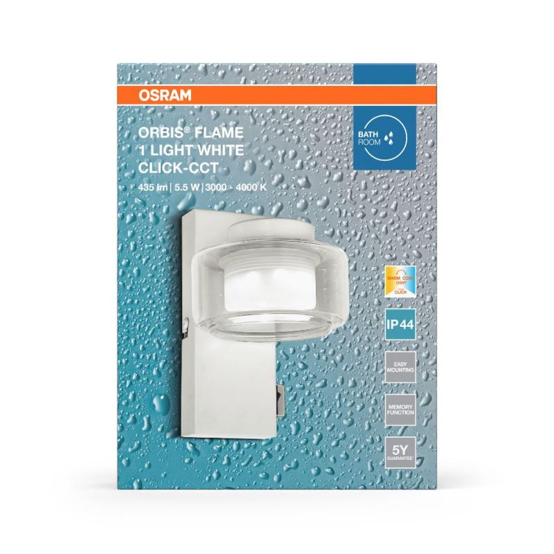 OSRAM Orbis Flame 5.5W Click CCT IP44 Wandlampe & Spiegelleuchte weiss - auch fürs Badezimmer - mit umschaltbarer Farbtemperatur