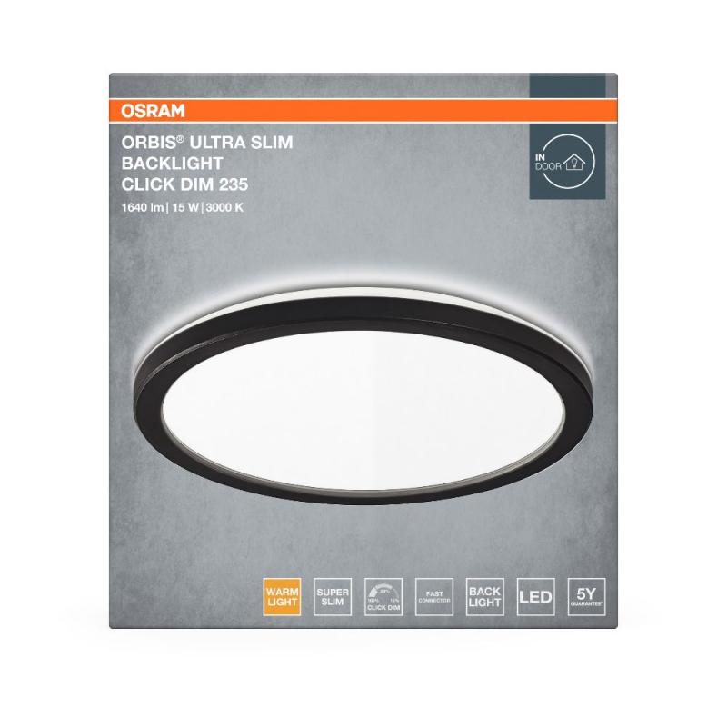 OSRAM Orbis Ultra Slm Backlight Deckenleuchte 23,5cm in Schwarz dimmbar - warmweißes Licht (3000K) + Hintergrundlicht, dreistufige Dimmbarkeit über Wandschalter, ultraflach
