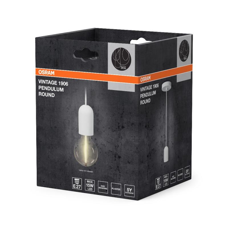 OSRAM VINTAGE 1906 PenduLum ROUND Ø 12 cm Weiß aus Gips/ Stahl - Schlichte Pendelleuchte mit stoffummanteltem Kabel und E27 Fassung ohne Leuchtmittel