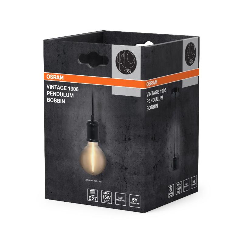 OSRAM VINTAGE 1906 4099854419416 BOBBIN Ø 10 cm schwarz - Schlichte Pendelleuchte mit stoffummanteltem Kabel und E27 Fassung ohne Leuchtmittel