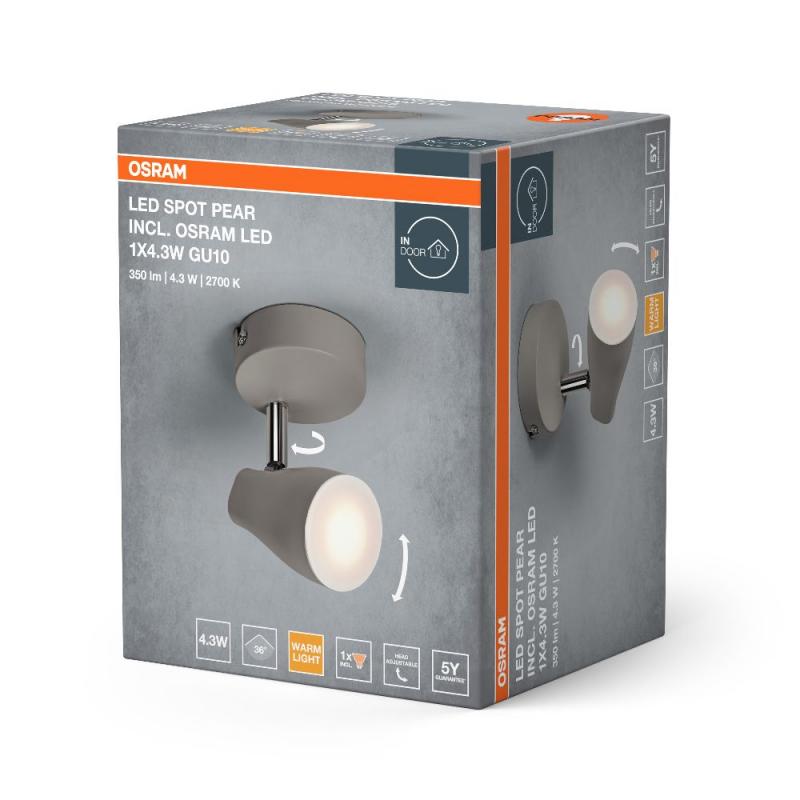 OSRAM LED Spot Pear 1er Wand- und Decken Strahler Grau - warmweiße Lichtfarbe, ausrichtbarer Leuchtenkopf, einfache Montage