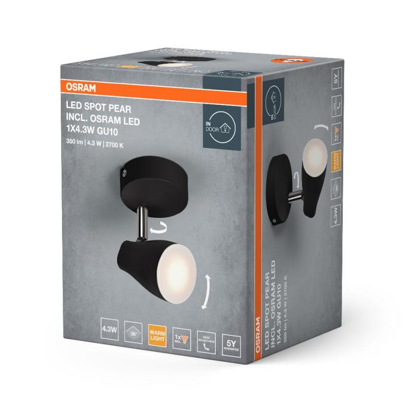 OSRAM LED Spot Pear 1er Wand- und Decken Strahler Schwarz - bietet gerichtetes Licht mit warmweißer Lichtfarbe, mit flexiblem GU10-Strahler, GU10-Lampe enthalten