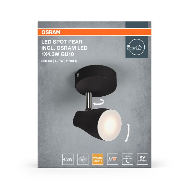 OSRAM LED Spot Pear 1er Wand- und Decken Strahler Schwarz - bietet gerichtetes Licht mit warmweißer Lichtfarbe, mit flexiblem GU10-Strahler, GU10-Lampe enthalten