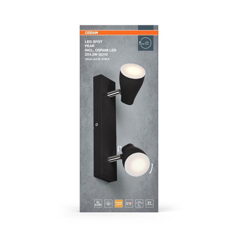 OSRAM LED Spot Pear 2er Wand- und Decken Strahler Schwarz - bietet gerichtetes Licht mit warmweißer Lichtfarbe, mit flexiblem GU10-Strahler, GU10-Lampen enthalten
