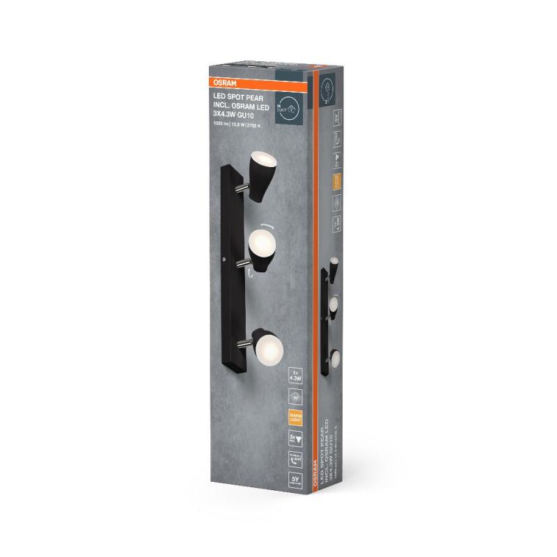 OSRAM LED Spot Pear 3er Deckenstrahler Schwarz - bietet gerichtetes Licht mit warmweißer Lichtfarbe, mit flexiblem GU10-Strahler, GU10-Lampen enthalten